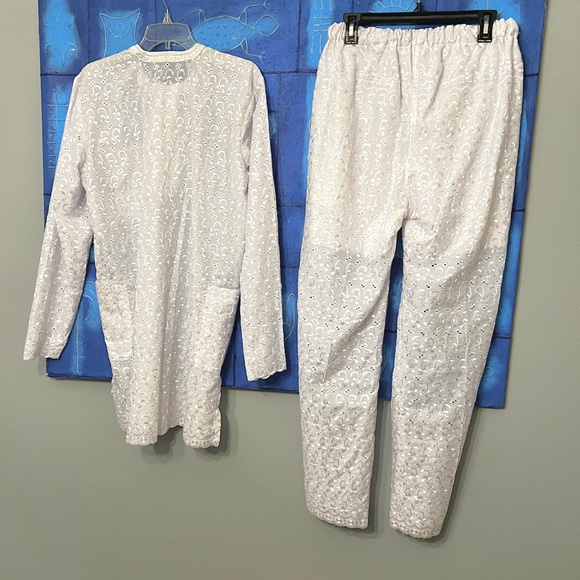 Traditional African Eyelet Dashiki Pant Set Embroidered Yoke - Light Grey/White - Picture 2 of 8